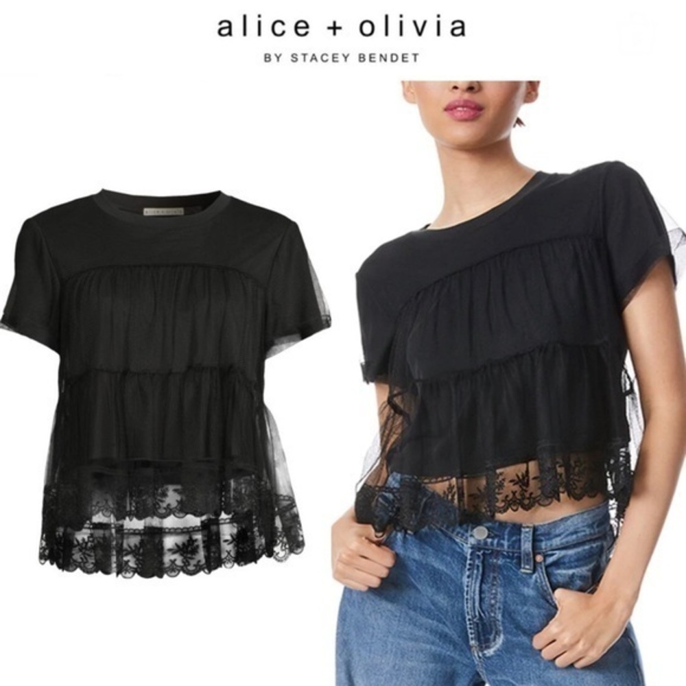 ALICE + OLIVIA Dreema Tiered Lace Tee in Black sz S 295$